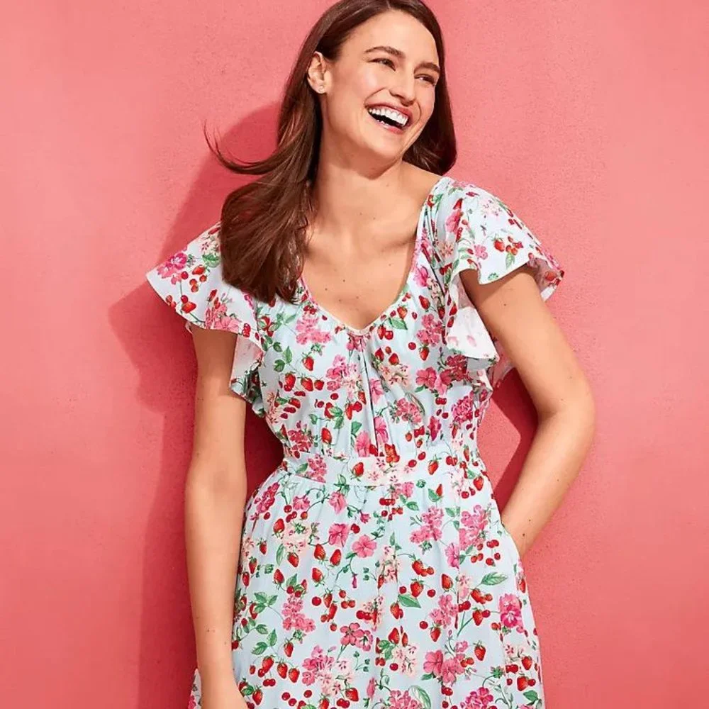 New Ann Taylor Floral Flutter Sleeve Flare Dress - Picture 4 of 4